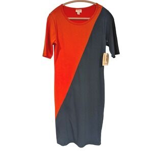 LuLaRoe Julia Dress M Orange Teal Colorblock Short Sleeve Pencil Knee Length NEW